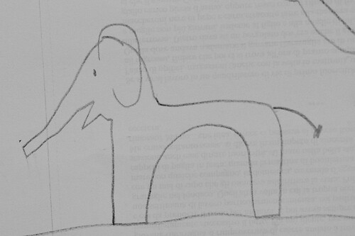 pencil drawing of an elephant with a very thin stomach; this could be a child's drawing
